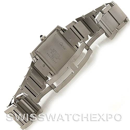 The image shows the back view of a Cartier Tank Francaise W51002Q3 Men's Stainless Steel Silver Dial W51002Q3 Men's Stainless Steel Silver Dial watch, highlighting its metal bracelet and clasp.