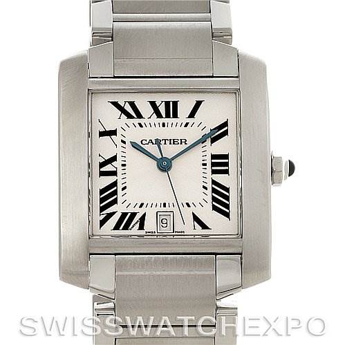 The image shows a front view of a Cartier Tank Française watch, highlighting its face, case, and part of the metal bracelet.