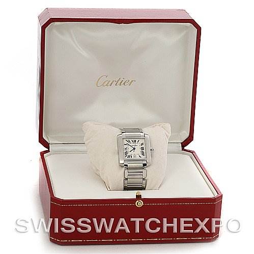 The image shows a Cartier Tank Française watch displayed in its red and white Cartier box.