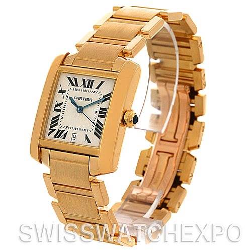 The image shows a Tank Francaise model by Cartier at a three-quarter angle, highlighting the watch's face, bracelet, and clasp.