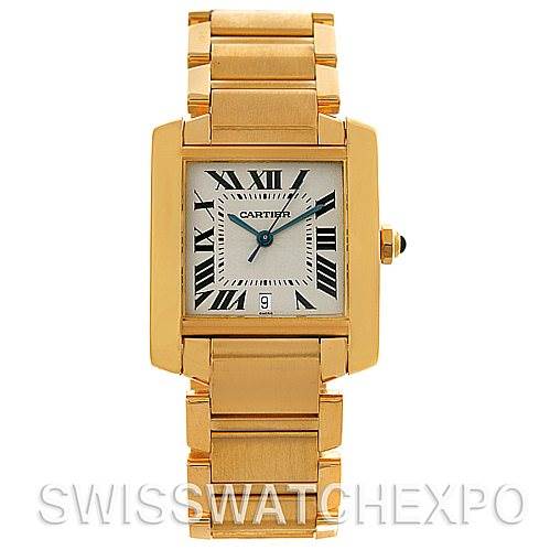 This Cartier Tank Francaise W50001R2 Men's Yellow Gold Silver Dial W50001R2 Men's Yellow Gold Silver Dial model watch is shown from a front angle, displaying its rectangular dial and metal bracelet.