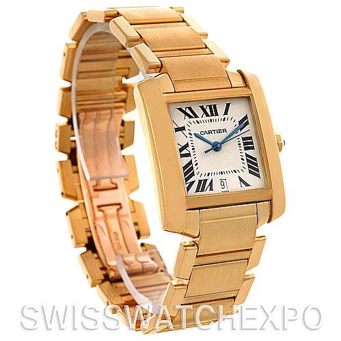 This image shows a diagonal front and side view of the Cartier Tank Francaise W50001R2 Men's Yellow Gold Silver Dial W50001R2 Men's Yellow Gold Silver Dial watch, highlighting its bracelet and dial.