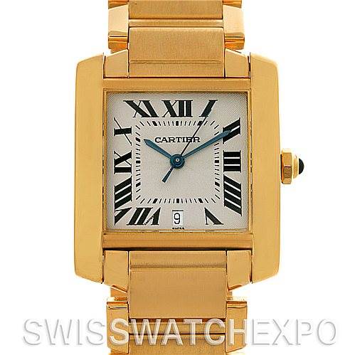 This image shows a front view of a Cartier Tank Française watch, highlighting the dial, bracelet, and crown.