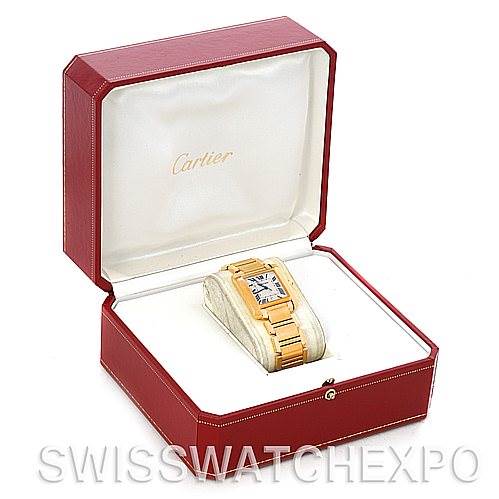 The image shows a Cartier Tank Française watch displayed in an open Cartier box, taken from a slight above-front angle.