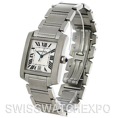 The image shows a Cartier Tank Francaise W51002Q3 Men
s Stainless Steel Silver Dial W51002Q3 Men
s Stainless Steel Silver Dial watch from an angled view, highlighting its rectangular face, Roman numerals, and metal bracelet.
