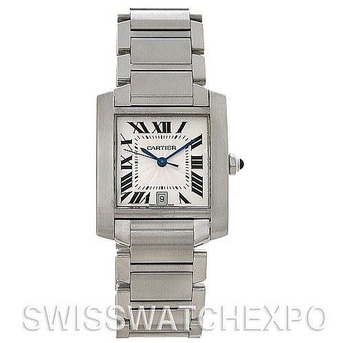 The Cartier Tank Francaise W51002Q3 Men
s Stainless Steel Silver Dial W51002Q3 Men
s Stainless Steel Silver Dial watch is shown from a front angle, displaying its square face, bracelet, and Roman numeral hour markers.