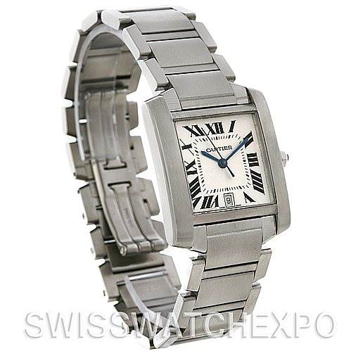 This image shows a side-angle view of a Cartier Tank Francaise W51002Q3 Men
s Stainless Steel Silver Dial W51002Q3 Men
s Stainless Steel Silver Dial watch, highlighting its rectangular face and metal bracelet.
