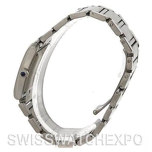 This image shows a side view of the Cartier Tank Francaise W51002Q3 Men
s Stainless Steel Silver Dial W51002Q3 Men
s Stainless Steel Silver Dial watch, highlighting its bracelet and side profile, including the crown with a blue cabochon.