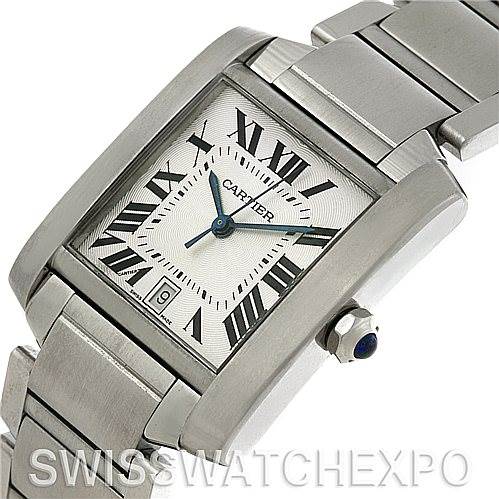 The image shows a Cartier Tank Francaise W51002Q3 Men
s Stainless Steel Silver Dial W51002Q3 Men
s Stainless Steel Silver Dial watch at an angle highlighting the face, bracelet, crown, and Roman numerals.