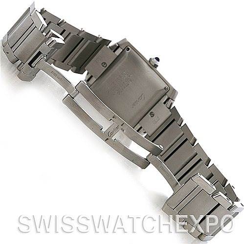 This image shows the underside and clasp of a Cartier Tank Française watch, showcasing the bracelet and case back.