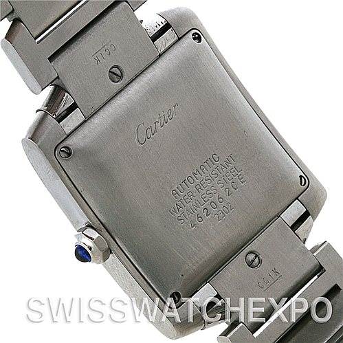 The image shows the back of a Cartier Tank Francaise W51002Q3 Men
s Stainless Steel Silver Dial W51002Q3 Men
s Stainless Steel Silver Dial watch, displaying the case back, clasp, and a blue gemstone on the crown.