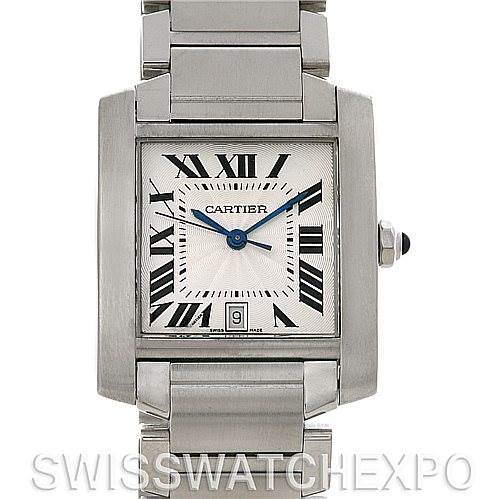This image shows a front view of the Cartier Tank Francaise W51002Q3 Men
s Stainless Steel Silver Dial W51002Q3 Men
s Stainless Steel Silver Dial watch displaying the face, hands, and part of the band.