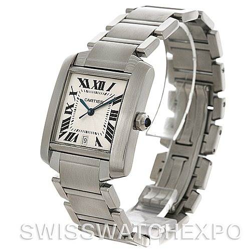 The Cartier Tank Francaise W51002Q3 Men
s Stainless Steel Silver Dial W51002Q3 Men
s Stainless Steel Silver Dial watch is shown at a three-quarter angle, displaying the dial, bracelet, and crown.