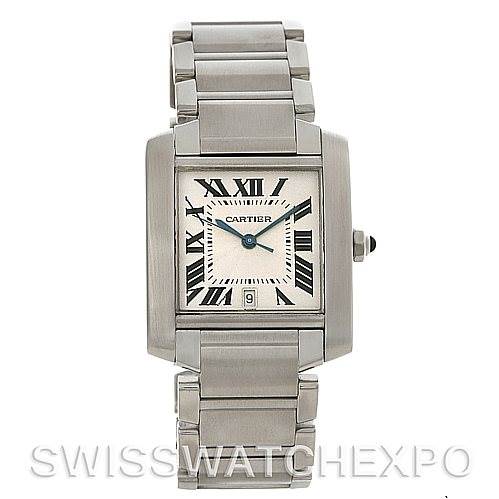 The image shows a front view of a Cartier Tank Française watch, featuring its face, bezel, and part of the bracelet.