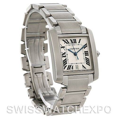 The image shows a Cartier Tank Francaise W51002Q3 Men
s Stainless Steel Silver Dial W51002Q3 Men
s Stainless Steel Silver Dial watch at an angled side view, highlighting its rectangular face and metal bracelet.