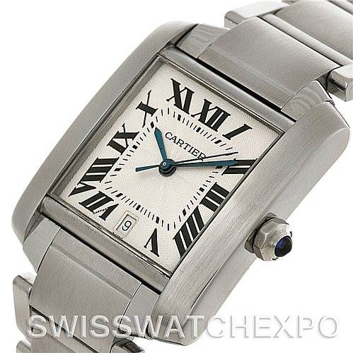 The image shows a close-up, angled view of the Cartier Tank Francaise W51002Q3 Men
s Stainless Steel Silver Dial W51002Q3 Men
s Stainless Steel Silver Dial watch, highlighting its dial, crown, and bracelet.