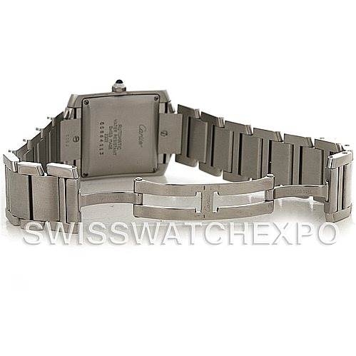 The Cartier Tank Francaise W51002Q3 Men
s Stainless Steel Silver Dial W51002Q3 Men
s Stainless Steel Silver Dial watch is shown from the back, displaying the case back, part of the bracelet, and the clasp.