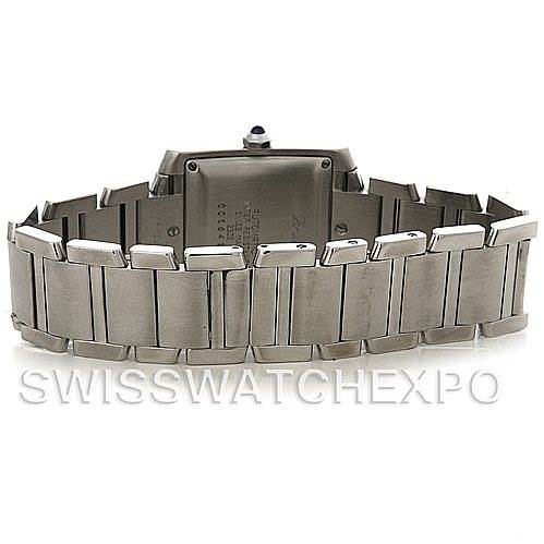 This image shows the back view of the Cartier Tank Francaise W51002Q3 Men
s Stainless Steel Silver Dial W51002Q3 Men
s Stainless Steel Silver Dial watch, highlighting its stainless steel case and bracelet.