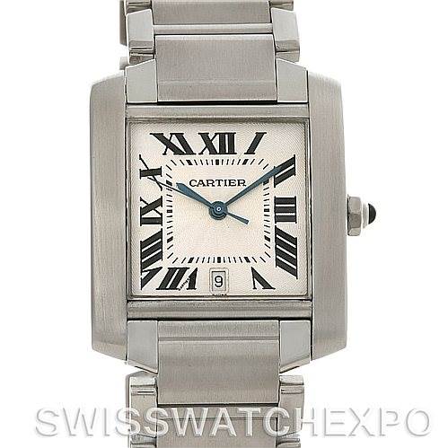 This image shows a frontal view of the Cartier Tank Française watch, highlighting the face, case, and part of the bracelet.