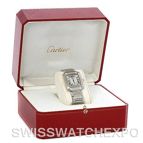 The Cartier Tank Francaise W51002Q3 Men
s Stainless Steel Silver Dial W51002Q3 Men
s Stainless Steel Silver Dial watch is displayed front-on, inside its red Cartier box.