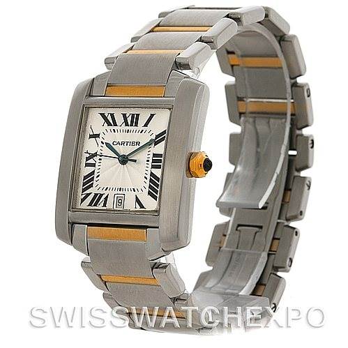 This image shows a side angle of the Cartier Tank Française watch, highlighting the stainless steel and gold bracelet, dial, and crown.