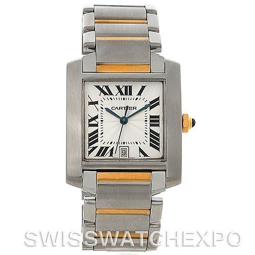 This image shows the face and bracelet of a Cartier Tank Française watch, taken from a top-down angle.