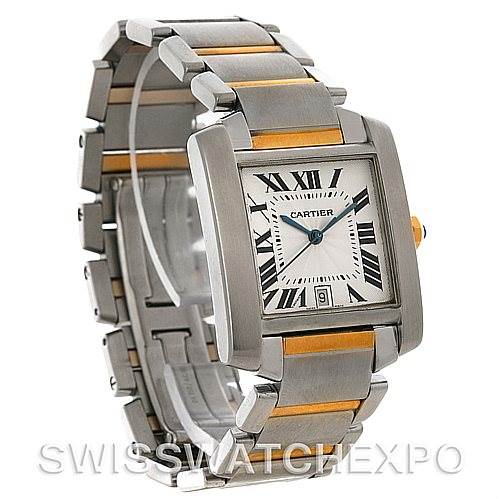 The image shows a Cartier Tank Francaise W51005Q4 Men's Steel and Gold (two tone) Silver Dial W51005Q4 Men's Steel and Gold (two tone) Silver Dial watch at an angle that highlights the face, bracelet, and part of the clasp.