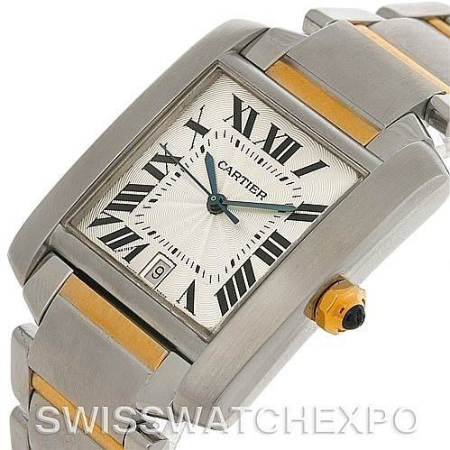 The image shows a close-up angled view of the Cartier Tank Francaise W51005Q4 Men's Steel and Gold (two tone) Silver Dial W51005Q4 Men's Steel and Gold (two tone) Silver Dial watch, highlighting the face, bezel, and part of the bracelet.