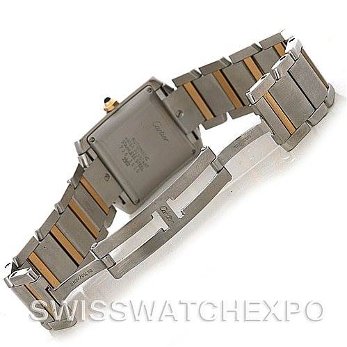 This image shows the back and side of the Cartier Tank Francaise W51005Q4 Men's Steel and Gold (two tone) Silver Dial W51005Q4 Men's Steel and Gold (two tone) Silver Dial watch, emphasizing the clasp and metal bracelet. 