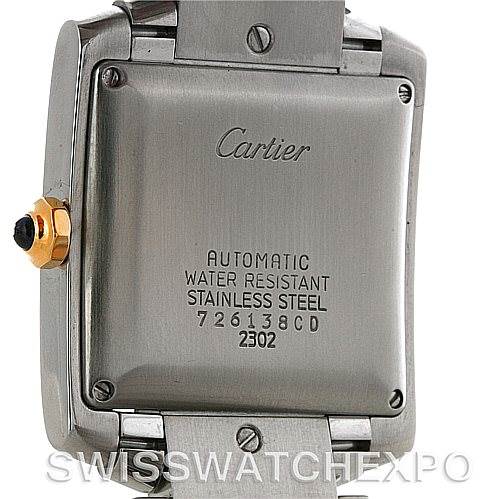 The image shows the back view of a Cartier Tank Française watch, highlighting the stainless steel case and inscriptions.