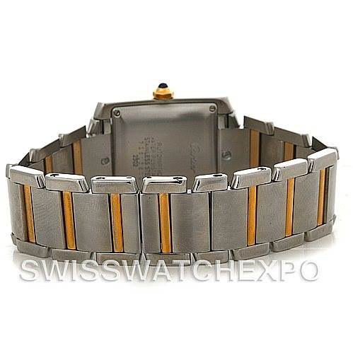 The image shows the back view of a Cartier Tank Francaise W51005Q4 Men's Steel and Gold (two tone) Silver Dial W51005Q4 Men's Steel and Gold (two tone) Silver Dial watch, highlighting its bracelet and clasp details.