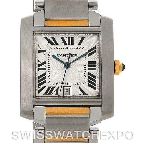 This image shows a Cartier Tank Francaise W51005Q4 Men's Steel and Gold (two tone) Silver Dial W51005Q4 Men's Steel and Gold (two tone) Silver Dial watch from a front angle, highlighting the dial, bezel, and part of the bracelet.