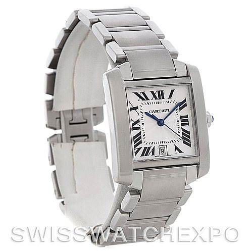 The Cartier Tank Francaise W51002Q3 Men's Stainless Steel Silver Dial W51002Q3 Men's Stainless Steel Silver Dial watch is shown at a slight angle, highlighting the face, bracelet, and clasp.