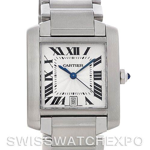 This image shows a front view of the Cartier Tank Francaise W51002Q3 Men's Stainless Steel Silver Dial W51002Q3 Men's Stainless Steel Silver Dial watch, highlighting the face, bracelet, and crown with its blue cabochon.