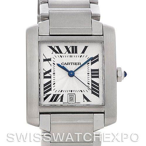 This image shows a front view of the Cartier Tank Francaise watch, highlighting the face, bracelet, and crown with its blue cabochon.