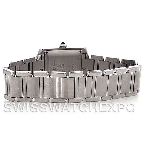 The image shows the back view of the strap and case of a Cartier Tank Francaise W51002Q3 Men's Stainless Steel Silver Dial W51002Q3 Men's Stainless Steel Silver Dial watch.
