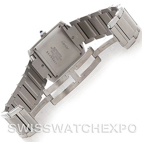 This is a rear angle of the Cartier Tank Francaise W51002Q3 Men's Stainless Steel Silver Dial W51002Q3 Men's Stainless Steel Silver Dial watch showing the back case, bracelet, and clasp.