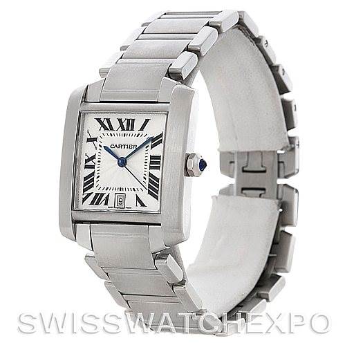 This image shows a side angle of the Tank Française Cartier watch, highlighting its rectangular case and metal bracelet.