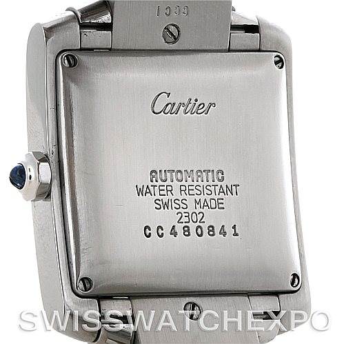 The image shows the back of a Cartier Tank Francaise W51002Q3 Men's Stainless Steel Silver Dial W51002Q3 Men's Stainless Steel Silver Dial watch, highlighting the caseback and part of the bracelet.