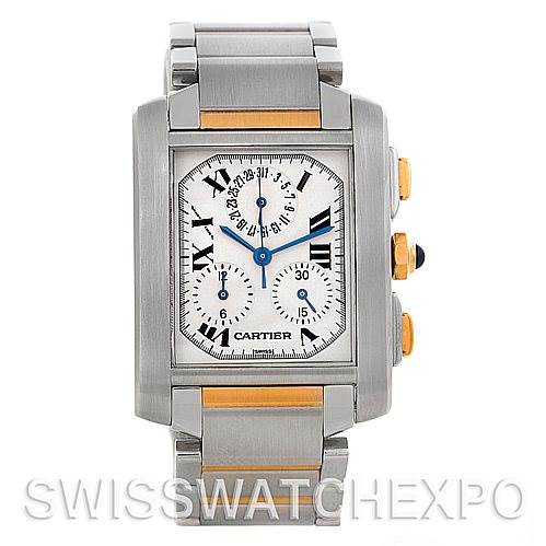 The image shows a frontal view of the Cartier Tank Francaise W51004Q4 Men's Steel and Gold (two tone) Silver Dial W51004Q4 Men's Steel and Gold (two tone) Silver Dial watch, highlighting its rectangular face, dual-tone bracelet, and visible side buttons.