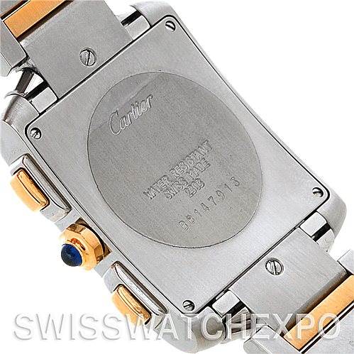 This image shows the back case and part of the bracelet of a Cartier Tank Francaise W51004Q4 Men's Steel and Gold (two tone) Silver Dial W51004Q4 Men's Steel and Gold (two tone) Silver Dial watch.