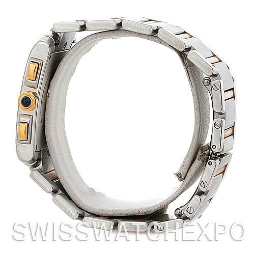 This image shows a side view of the Cartier Tank Francaise W51004Q4 Men's Steel and Gold (two tone) Silver Dial W51004Q4 Men's Steel and Gold (two tone) Silver Dial watch, highlighting the crown and parts of the bracelet.