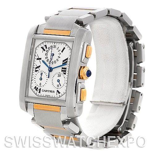 The Cartier Tank Francaise W51004Q4 Men's Steel and Gold (two tone) Silver Dial W51004Q4 Men's Steel and Gold (two tone) Silver Dial watch is shown at an angle displaying the face, side buttons, and part of the bracelet.