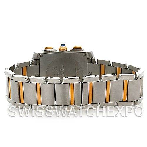 The image shows the back and bracelet of a Cartier Tank Française watch, highlighting its two-tone metal design.