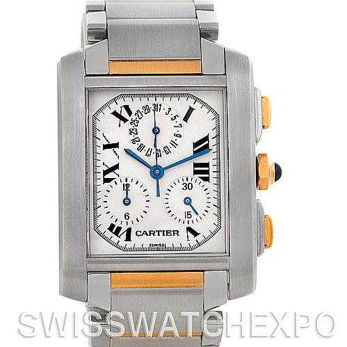 This image shows a frontal view of a Cartier Tank Francaise W51004Q4 Men's Steel and Gold (two tone) Silver Dial W51004Q4 Men's Steel and Gold (two tone) Silver Dial watch, highlighting its bracelet, rectangular case, and chronograph dials.