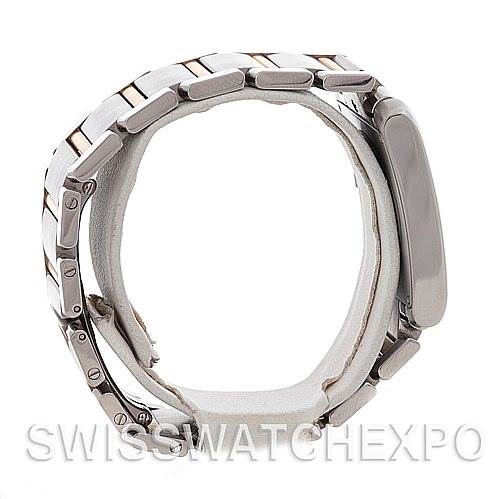 This image shows a side profile of the Tank Francaise watch by Cartier, focusing on its stainless steel bracelet and clasp.