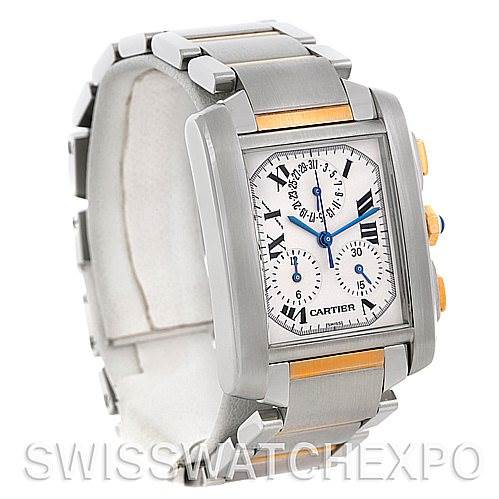 The image shows a Cartier Tank Française watch at a three-quarter angle, displaying the face, case, and part of the bracelet.