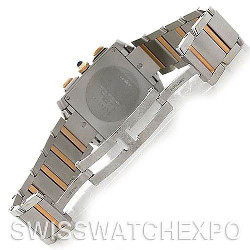 The image shows the back and side view of the Cartier Tank Francaise W51004Q4 Men's Steel and Gold (two tone) Silver Dial W51004Q4 Men's Steel and Gold (two tone) Silver Dial watch, highlighting the bracelet and clasp mechanism.