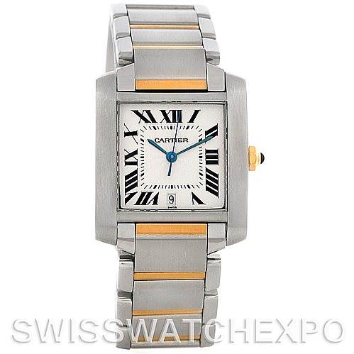 The image shows a Cartier Tank Francaise W51005Q4 Men's Steel and Gold (two tone) Silver Dial W51005Q4 Men's Steel and Gold (two tone) Silver Dial watch from the front, displaying its rectangular face, roman numerals, blue hands, and metal bracelet with gold accents.