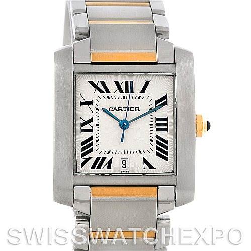 The image shows a frontal view of the Cartier Tank Française watch, displaying the face, bracelet, and crown.